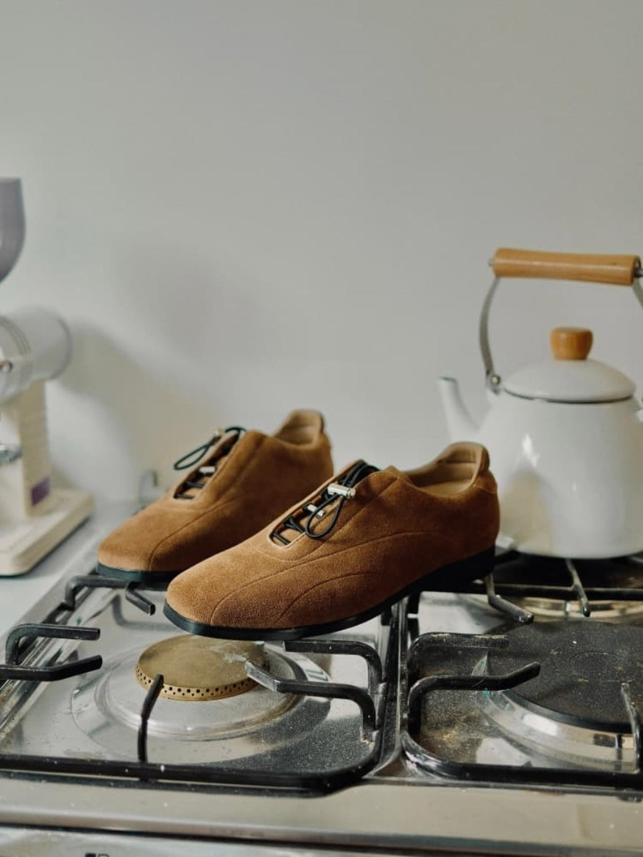 AKAIFU Suede Thin-soled Versatile Casual Vintage Square-toe Leather Shoes Drawstring Slip-on Shoes