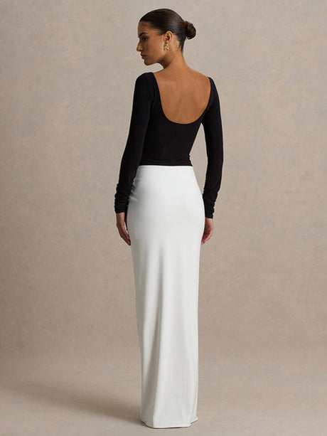 Hip-hugging Long-sleeved Contrasting Color Crimp Spliced Long Dress