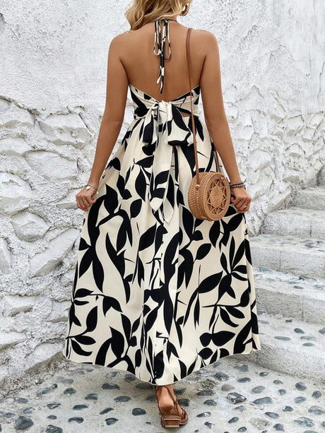 Leaf Print Hollow-Out Pleated Halter Neck Long Dress