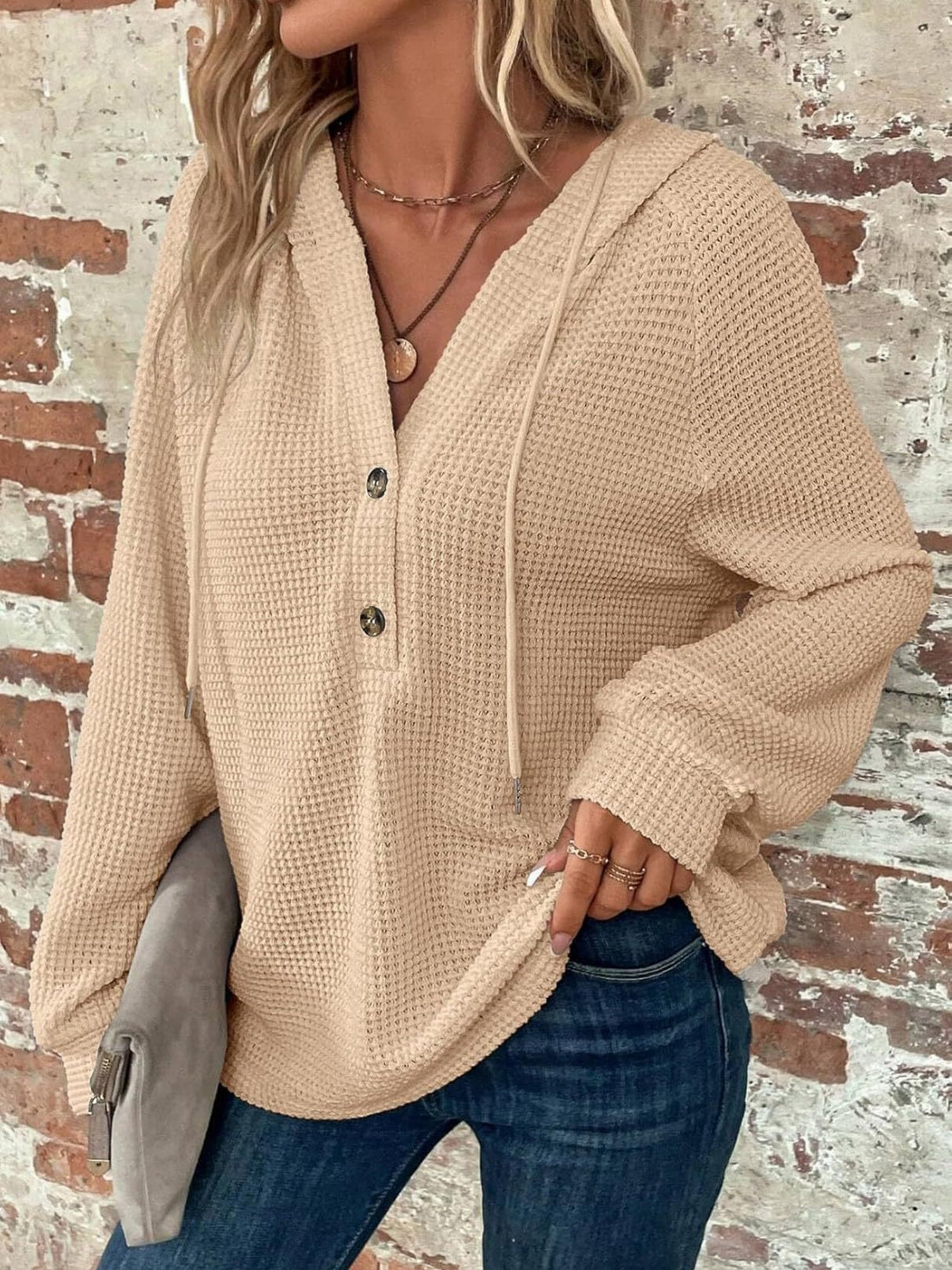 Waffle Drawstring Buttons V-neck Long Sleeve Hoodie