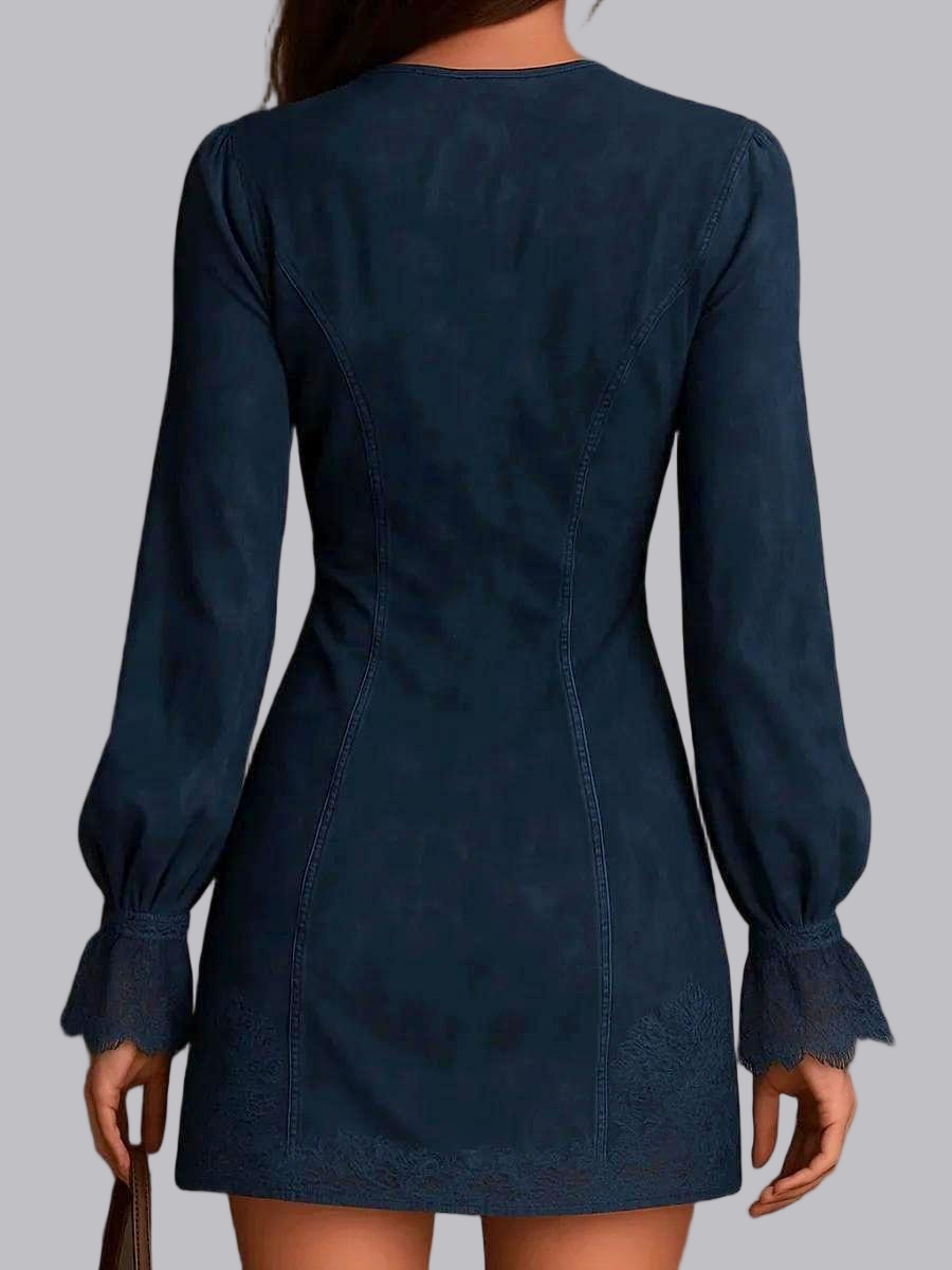 Mini- und kurze Kleider mit Reißverschluss, Spitzenbesatz, V-Ausschnitt, langen Ärmeln und Stickerei