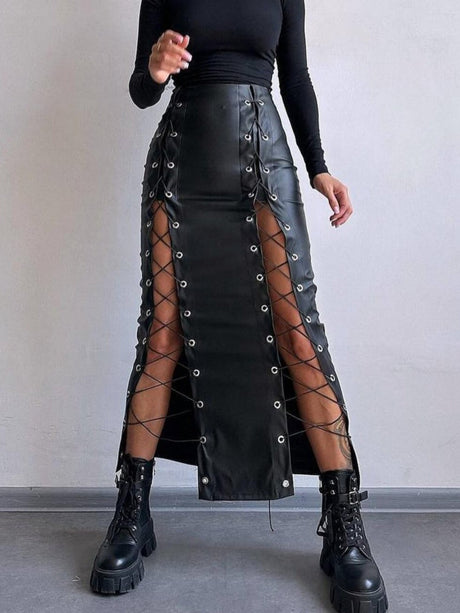 Lace Up Slit PU Leather Bodycon Skirt