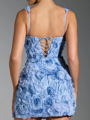 Square Collar 3D Flowers Slim Fit Sleeveless Tie Mini&Short Dresses