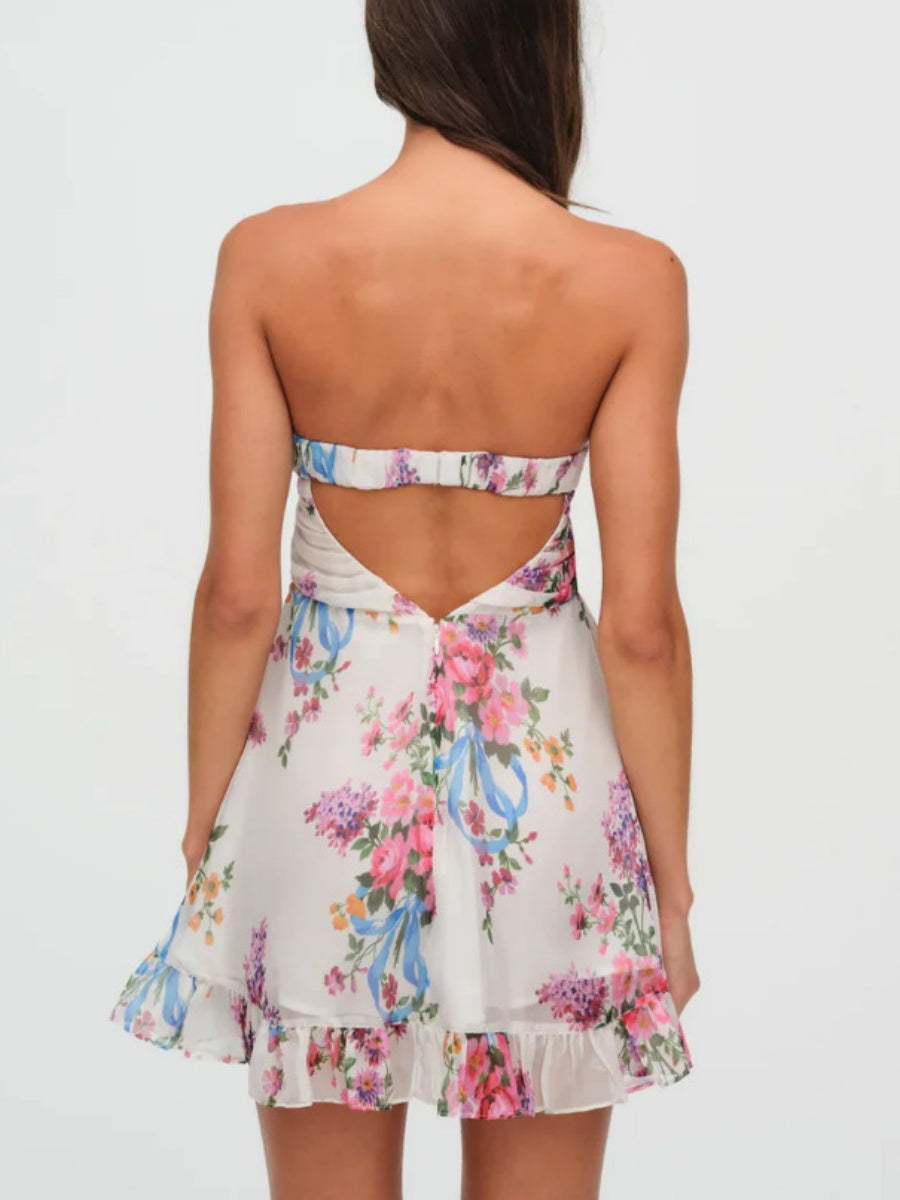 Backless Semi-transparent Floral Strapless A-line Mini Dress