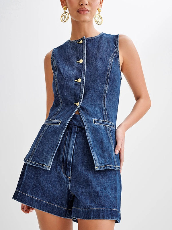 Sleeveless High-waisted Buttons Denim Vest And Shorts 2-piece Sets