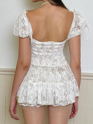 Floral Mesh Square Neck, Fitted Waist, Puff Sleeves Sweet Mini&Short Dresses