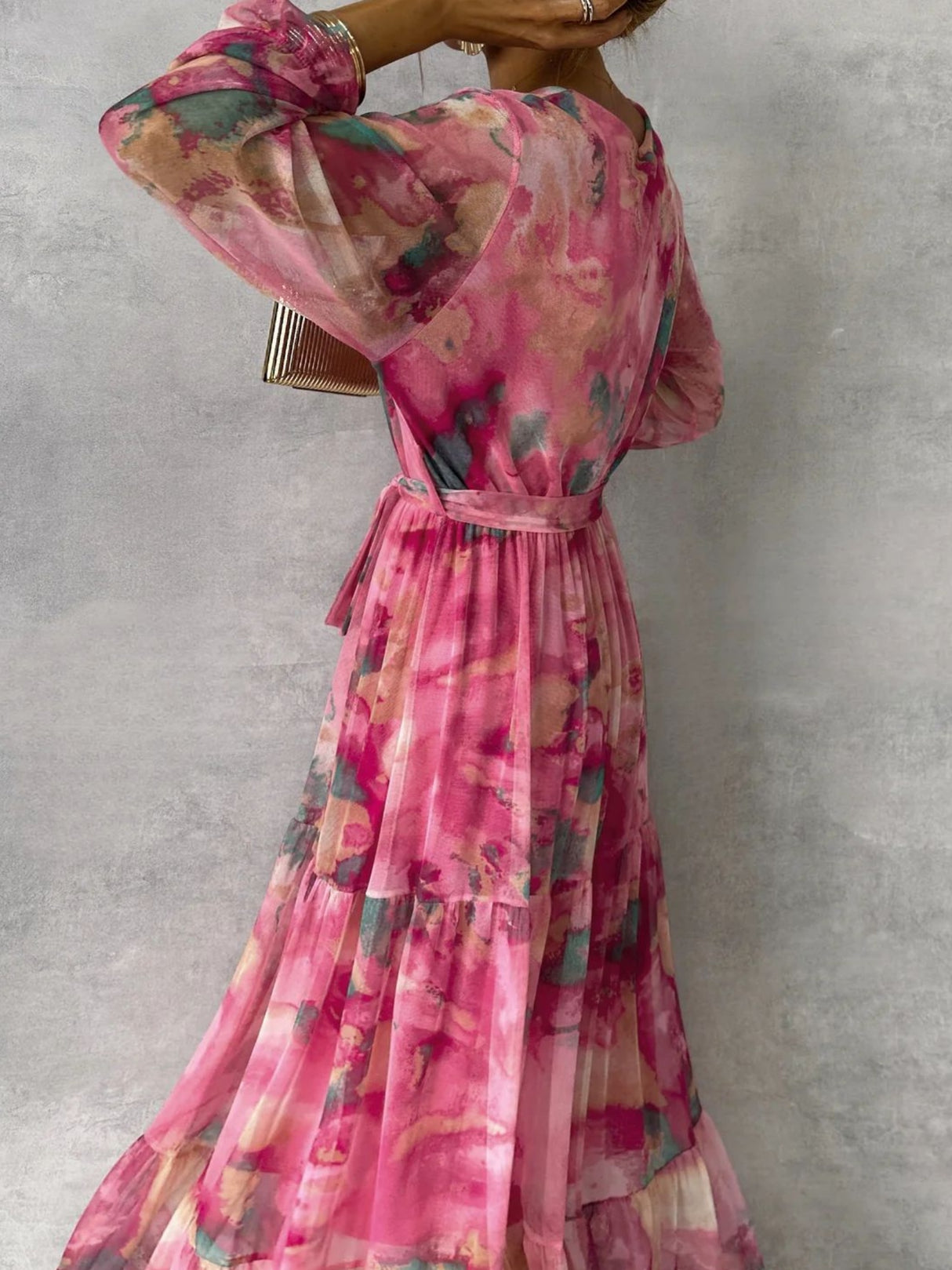 Printed Chiffon V-neck Tie Detail Long Dress With A Full Skirt