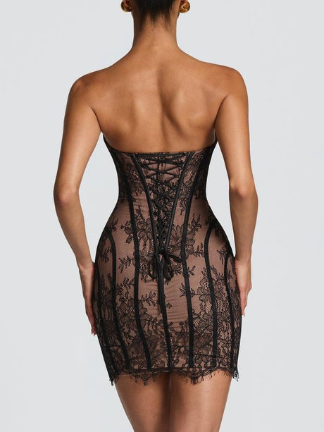 Lace Bodycon Strapless Dress, Exquisite Crochet Fitted Short Dress