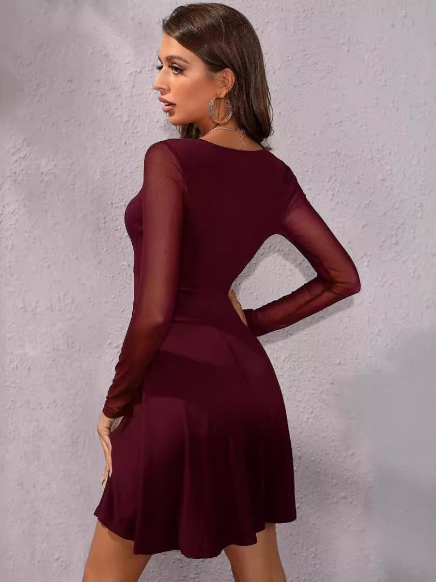 V-neck Sexy Slim Fit Mesh Long Sleeve Parties Grace Workplace Mini&Short Dresses