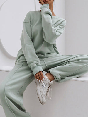 Liber Women's autumn round neck solid color pullover Long sleeve two piece sweatshirt