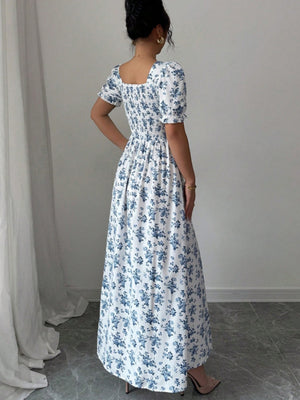 Floral Print Puff Sleeve Ruffle Long Dress