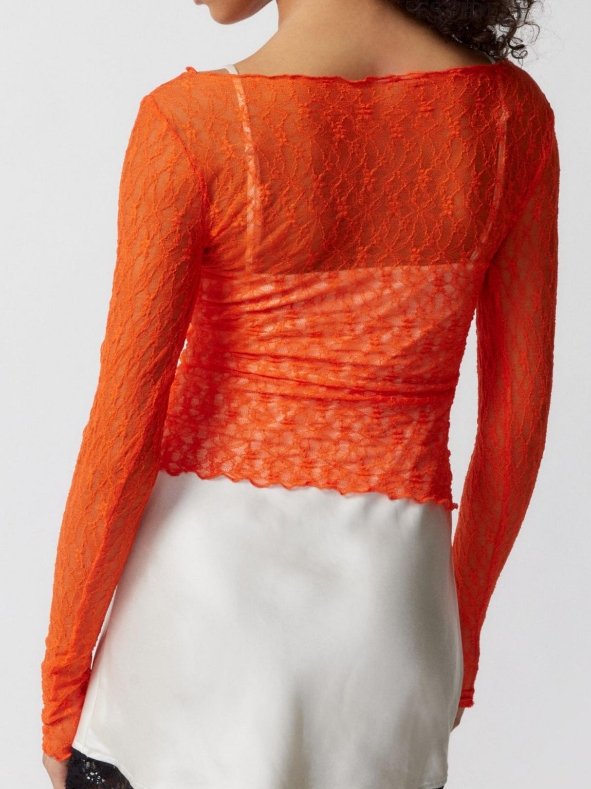 Lace See-through Wavy Edge Off-the-shoulder Neckline Long-sleeved Top