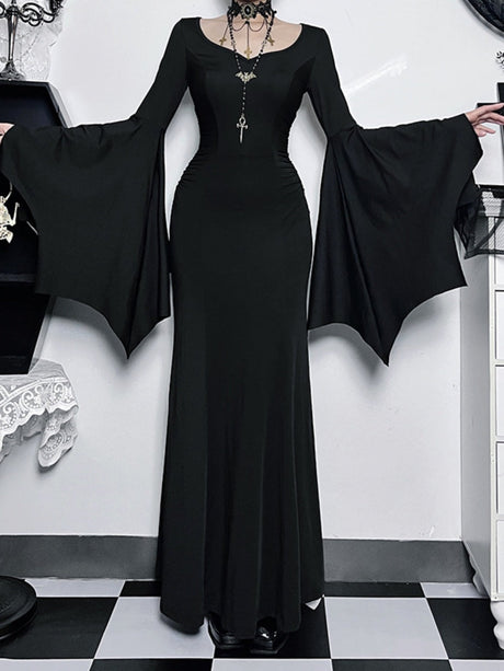 Halloween Batwing Sleeves Slim Fit Black Maxi Dresses