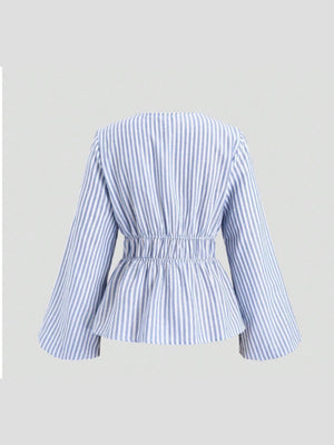 V-neck Long-sleeved Striped Bow-tie Shirt