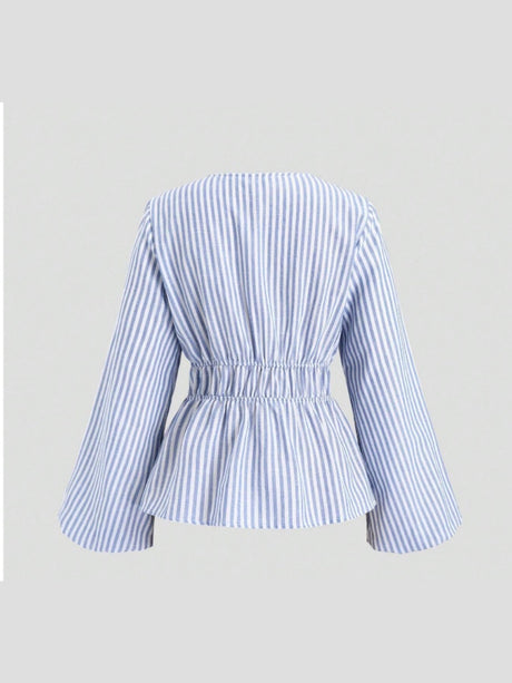 V-neck Long-sleeved Striped Bow-tie Shirt