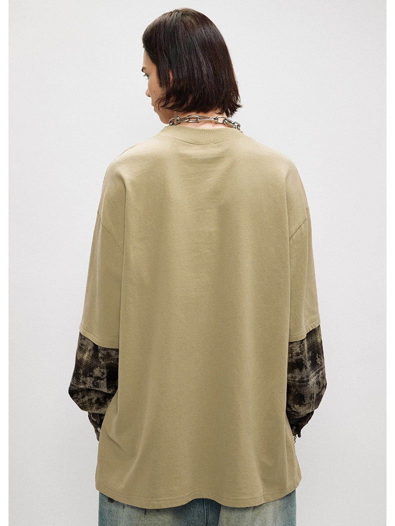 Fake Two Pieces Camouflage Splicing Maillard Style Loose Crew Neck T-shirt