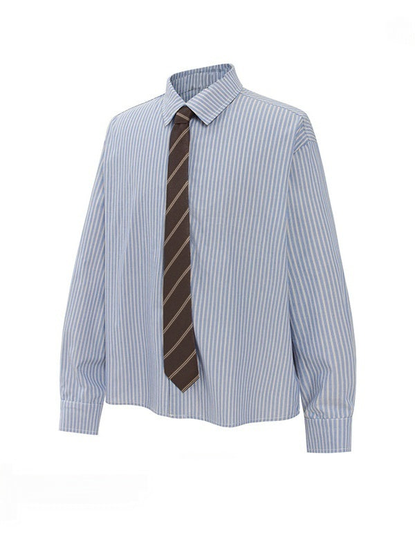 College Style Blue And White Stripes Loose Tie Long-sleeved Shirt