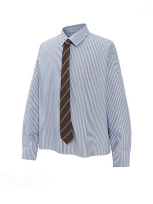 College Style Blue And White Stripes Loose Tie Long-sleeved Shirt