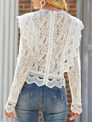 Lace Cutout Patchwork Lace Long-sleeved T-shirt