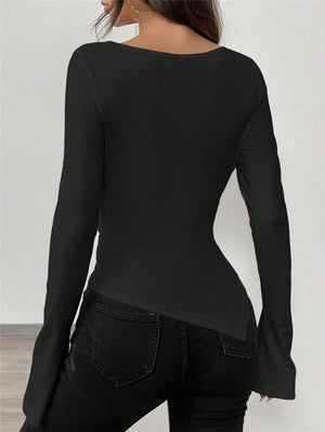 V-neck, Off-shoulder, Two-way Design, Slim Fit, Pleated, Irregular Long-sleeved T-shirt