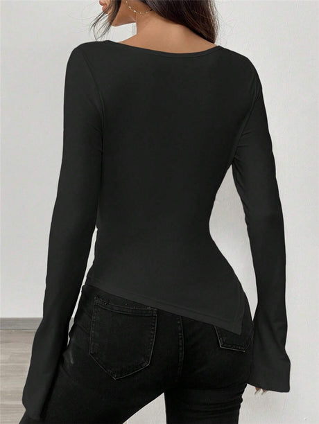 V-neck, Off-shoulder, Two-way Design, Slim Fit, Pleated, Irregular Long-sleeved T-shirt