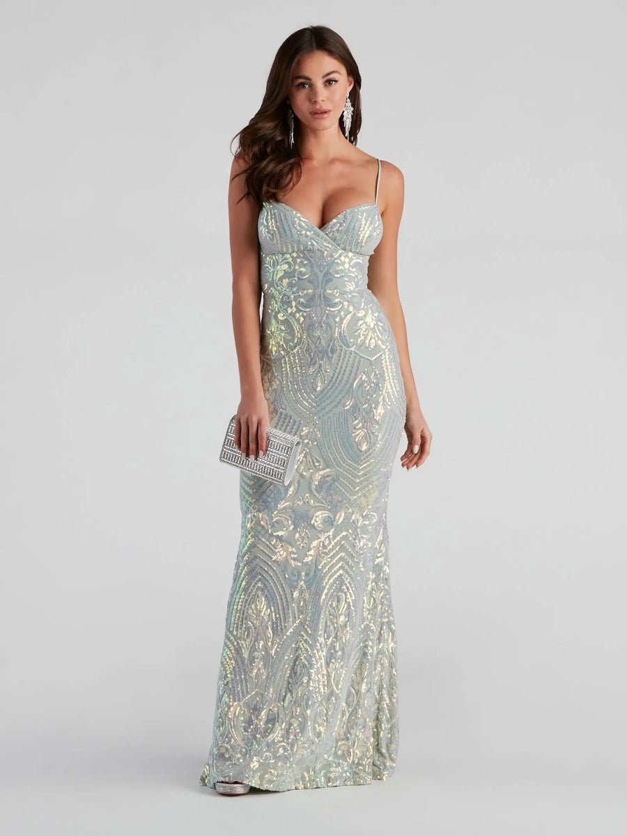 Liber Autumn women's sequins V-neck suspender long dress