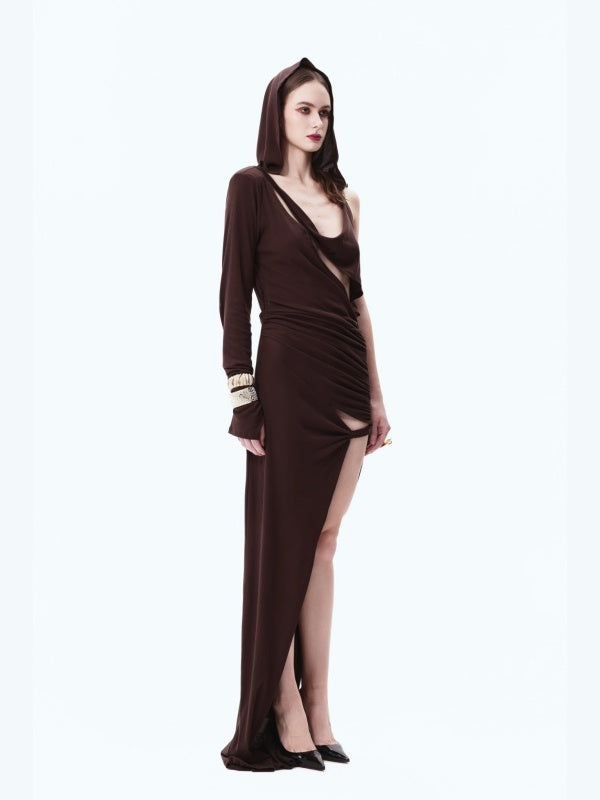 Padded-shoulder Hooded Slit Maxi Skirt
