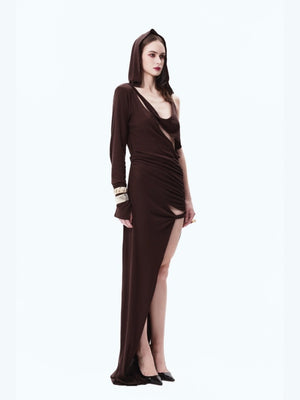 Padded-shoulder Hooded Slit Maxi Skirt