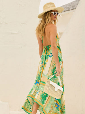 Ethnic-style Printed Off-shoulder V-neck Spaghetti Strap Long Dress