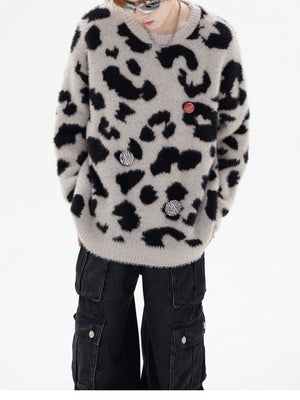 Leopard Metal Badge Loose All-match Crew Neck Sweater