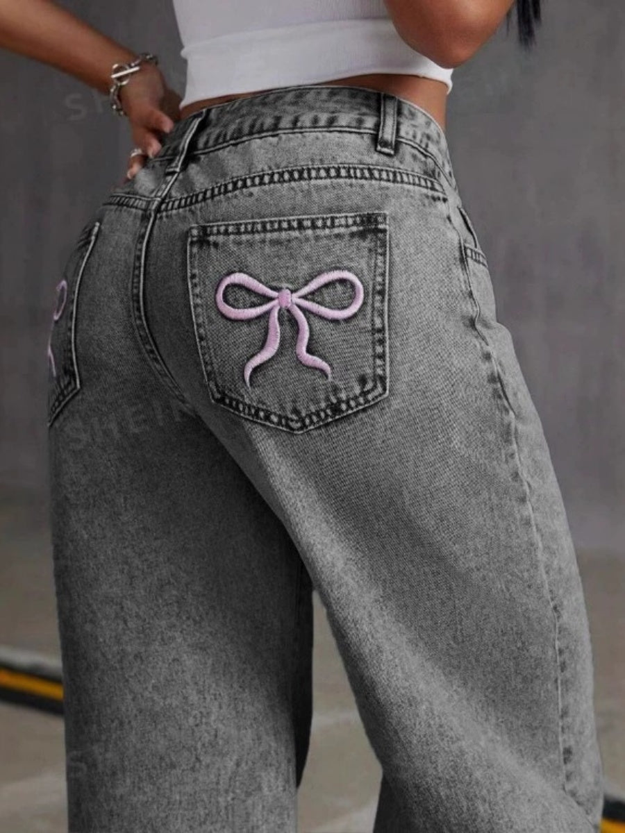 Liber Autumn Women's Embroidery Bow Jeans