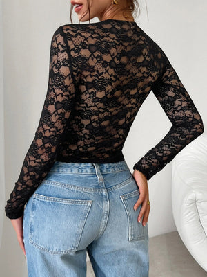 Sexy Slim-fitting Hollowed-out Long-sleeved Tie-up Lace Top
