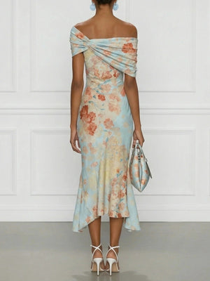 Floral Print Off-shoulder Short-sleeved Long Dress