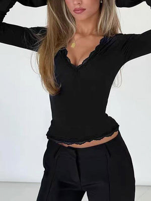 Pullover V-neck Long Sleeve Lace T-shirt