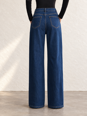 Women's Dark Washed High-Waisted Pleated Wide-Leg Jeans For Autumn/Winter