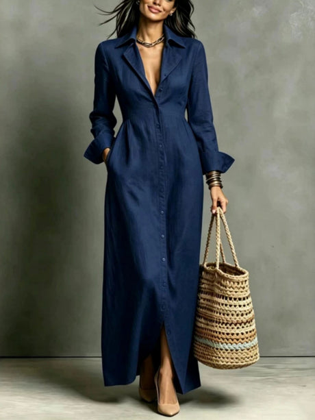 Casual Pocket Solid Color Button-Down Collar Long Sleeve Dress