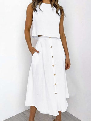 Solid Color Tank Tops Button-down Skirt Set 2-piece Sets