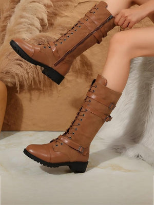 Color-blocked Denim Belt Buckle Knee-high Women's Boots