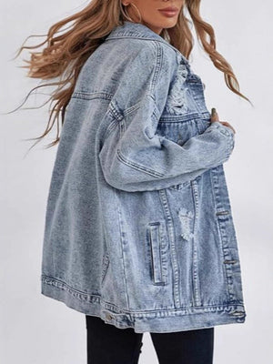 Loose-fitting Distressed Jeans Ripped Design Workwear Style Casual Jacket