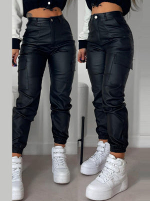 Motorcycle Zippered Pleated Pocket PU Tight-fitting Feet Pants