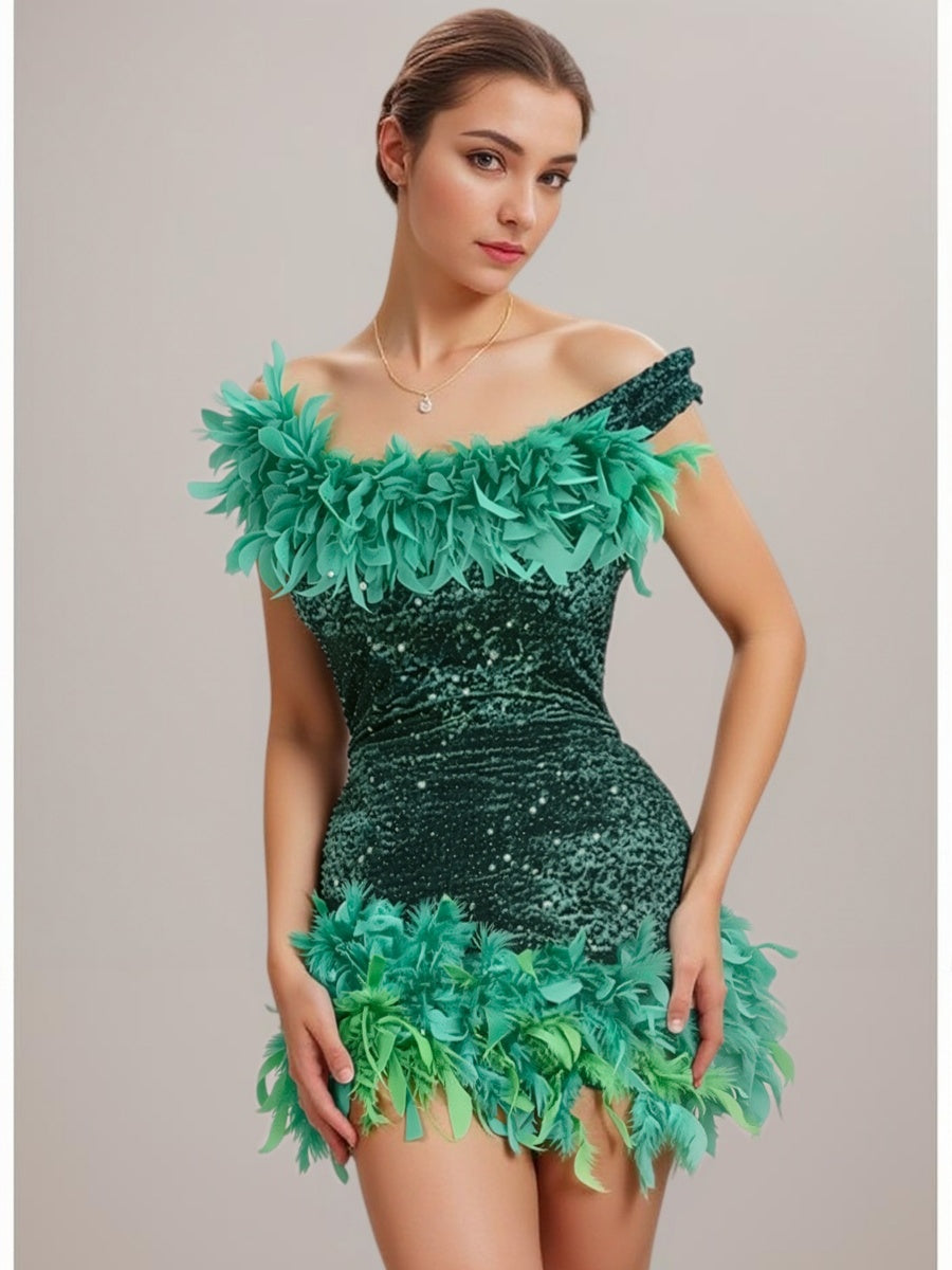 Sequined Backless Off Shoulder Feather Hip Mini&Short Dresses