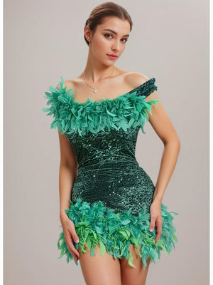 Sequined Backless Off Shoulder Feather Hip Mini&Short Dresses