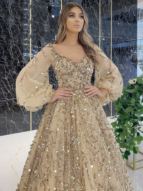 Heavy Beaded Luxury Sexy Zipper Long Sleeve Long Evening Dress