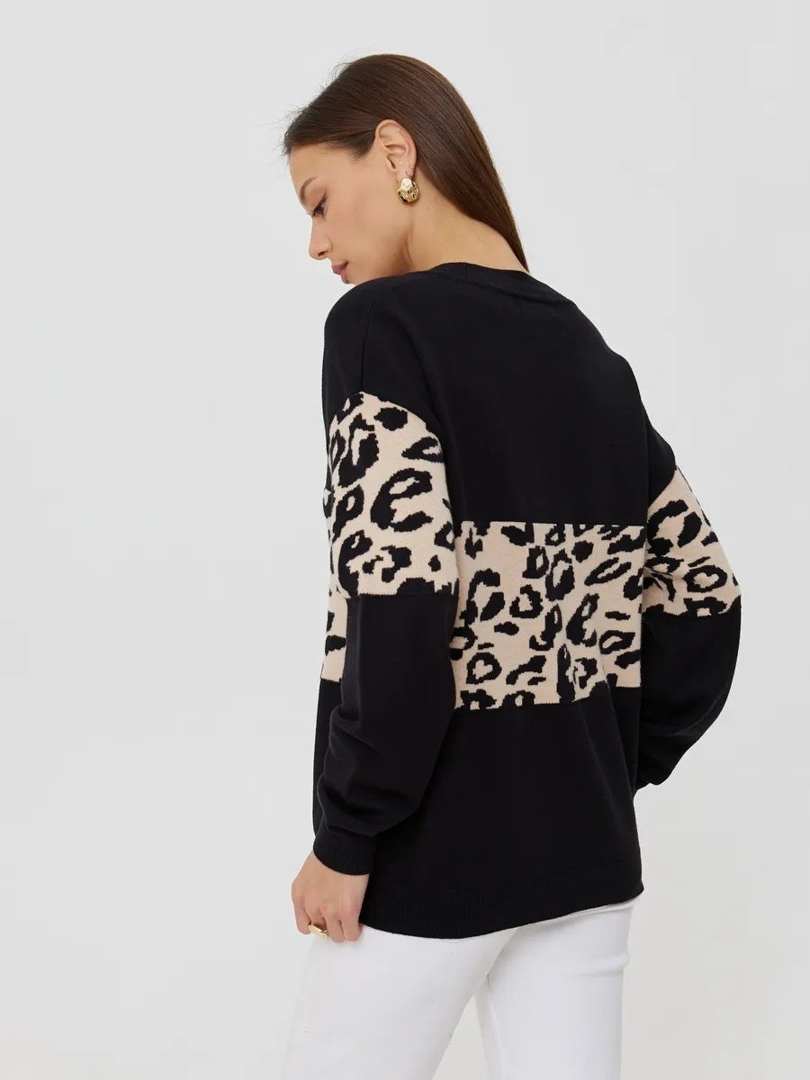 Liber Autumn women's leopard print clothing Raglan sleeve paneled pullover sweater