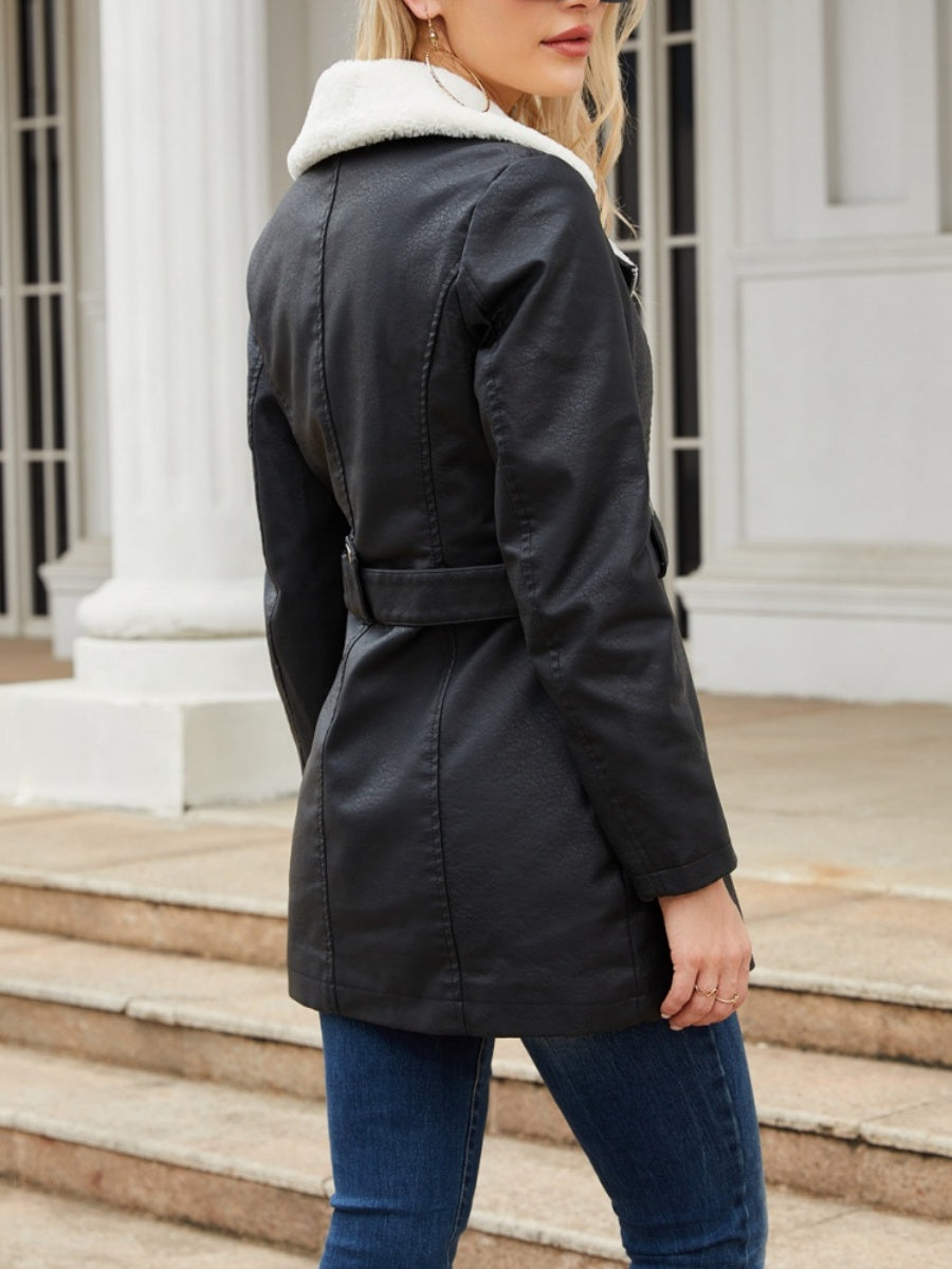 Long Sleeve Plush Lapel Double-ended Zipper With Belt Keep Warm Leather Jacket