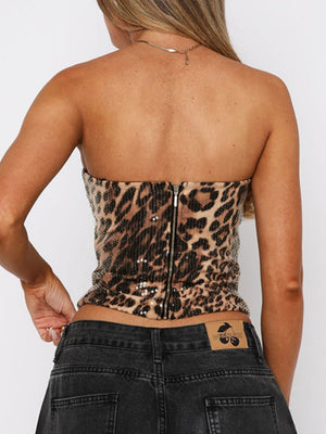 Leopard Print Sequins Stretch Strapless Vest