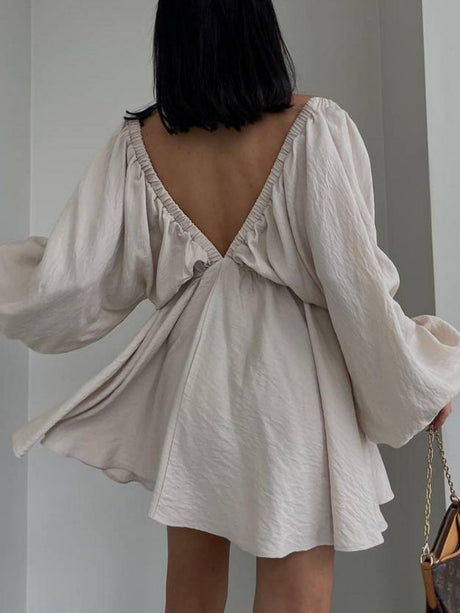 Pleated V-neck Puff Sleeves Large Skirt High-waisted Mini&Short Dresses