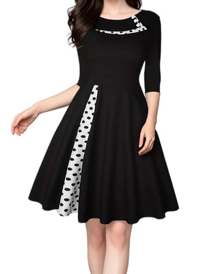 Christmas Polka Dots Splicing Retro Lapel Three-quarter Sleeves Midi Dresses