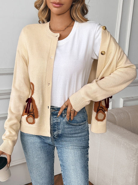 Women's Long sleeve Bear apricot button knitted cardigan