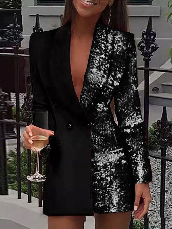 Sexy Deep V Two-tone Print Blazers